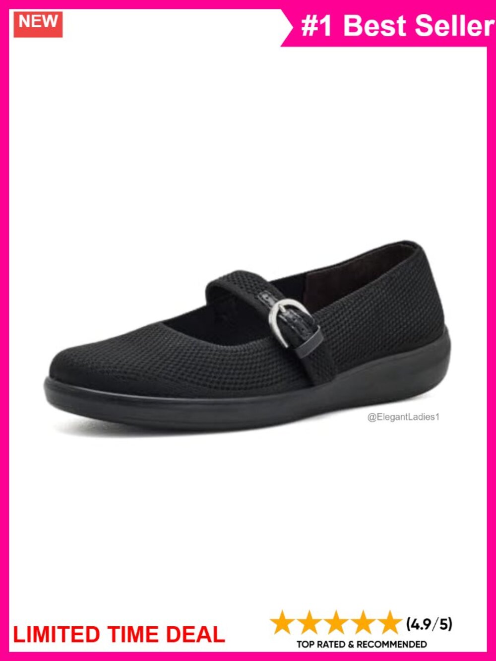 Mary Jane Flat Textured Knit Buckle Stretch Walking Shoe